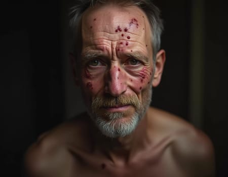 A close-up portrait of a man displaying pimple-like lesions on his face, indicative of monkeypox. His expression conveys concern about the symptoms he is experiencing. Generative AI.