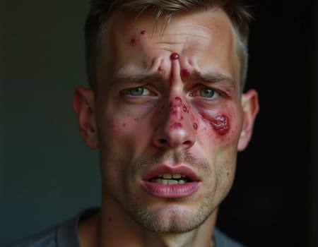 A close-up portrait of a man displaying pimple-like lesions on his face, indicative of monkeypox. His expression conveys concern about the symptoms he is experiencing. Generative AI.
