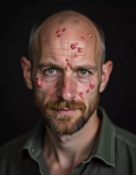 A close-up portrait of a man displaying pimple-like lesions on his face, indicative of monkeypox. His expression conveys concern about the symptoms he is experiencing. Generative AI.