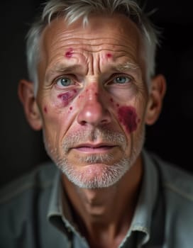 A close-up portrait of a man displaying pimple-like lesions on his face, indicative of monkeypox. His expression conveys concern about the symptoms he is experiencing. Generative AI.