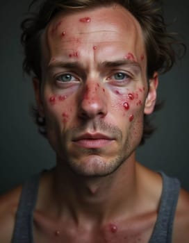 A close-up portrait of a man displaying pimple-like lesions on his face, indicative of monkeypox. His expression conveys concern about the symptoms he is experiencing. Generative AI.