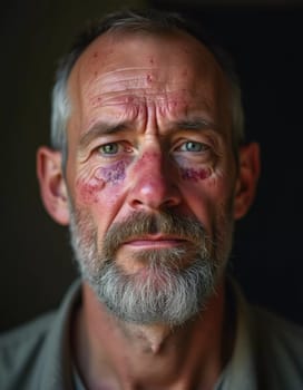 A close-up portrait of a man displaying pimple-like lesions on his face, indicative of monkeypox. His expression conveys concern about the symptoms he is experiencing. Generative AI.