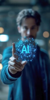 Businessman touches blue AI letters  in cloud. AI generative.