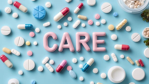 Assortment of medical pills and capsules with the word CARE in the center