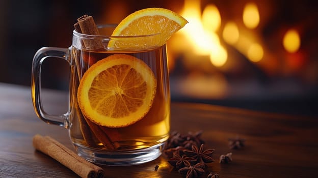 Glass mug of hot mulled wine with cinnamon sticks, star anise, and orange slice on wooden table in front of cozy fireplace. Concept of warm winter drinks, holiday beverages, and festive celebrations.