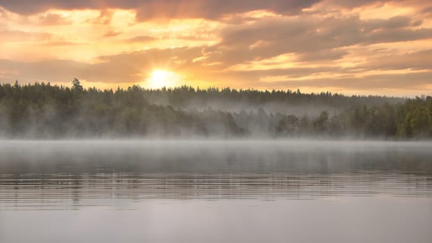 Sunrise with fog forming over a lake in Sweden, at dawn. Romantic silence, in the Scandinavian nature