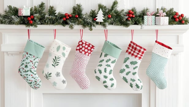 Christmas stockings hanging on a fireplace mantel. Concept of Holiday cheer, festive decorations, winter holidays.