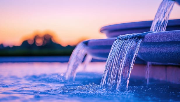 Tranquil Water Fountain at Sunset, Serenity and Relaxation