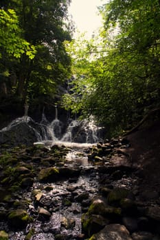Small waterfall in Sweden. Moss-covered stones. Forest on the river bank. Scandinavian nature