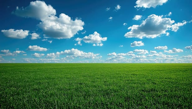 Green field under a blue sky with clouds. Concept of nature, freedom, open space