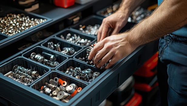 Close up of a mechanic hands sorting through a toolbox drawer filled with various nuts, bolts, and fasteners. Concept of organization, repair, workshop.