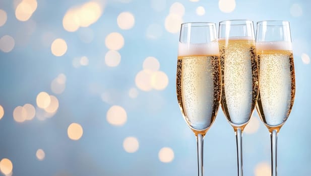 Three Champagne Flutes against Festive Bokeh Lights, Celebration Concept