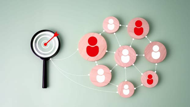 Target icon on circular wooden linked with human icons for customer focus group, Customer relationship management concept, CRM, Customer relationship management and targeted marketing strategies.
