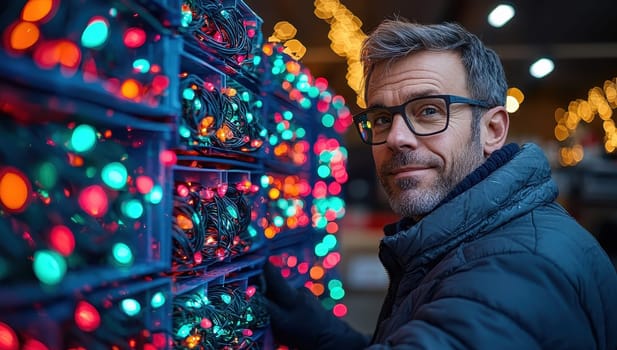 Man choosing Christmas lights at a store. Concept of Holiday shopping, Christmas spirit, festive decorations.