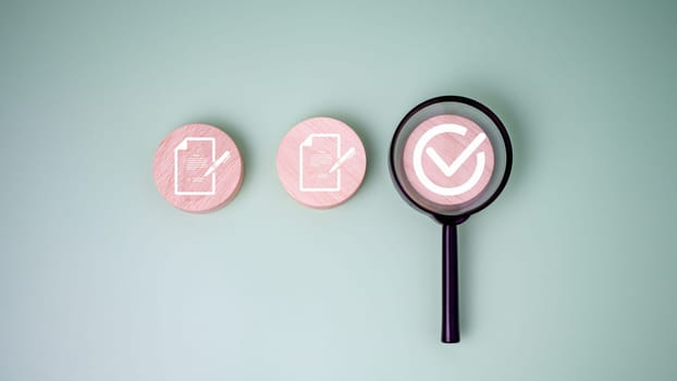 Document icon which print screen on wooden circle plank for prepare check and approve document, Quality assurance and ISO guarantee concept, Document management digital file data online.