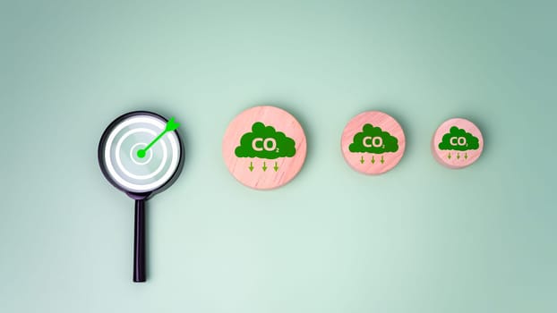 Circle plank with green cloud icon and dartboard focus magnifying glass on white background, Net zero by 2050, Net zero green house gas emissions target, Climate neutral long term strategy.