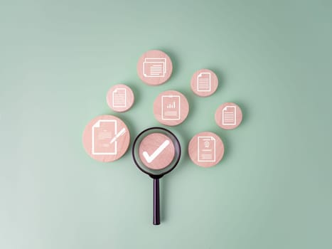 Quality assurance and ISO guarantee concept, Document icon which print screen on wooden circle plank for prepare check and approve document, Document management digital file data online.