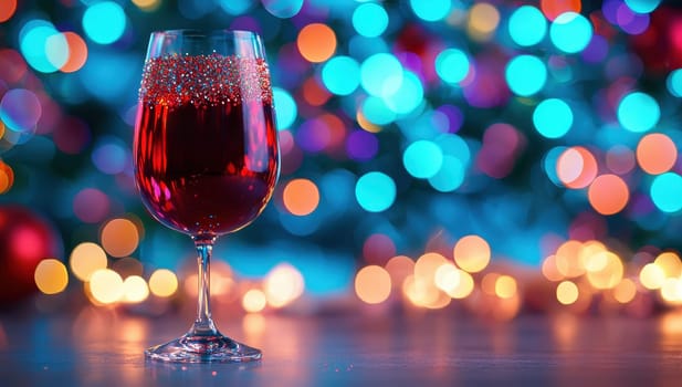 Festive Celebration, Sparkling Red Drink with Christmas Lights