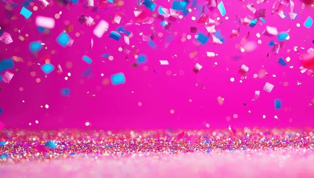 Festive pink background with falling confetti. Concept of celebration, party, joy.