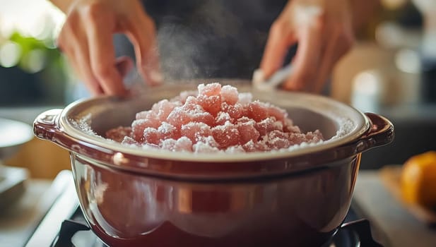 Making homemade turkish delight, rosewater and sugar steaming in a pot. Concept of traditional recipe, confectionery, dessert