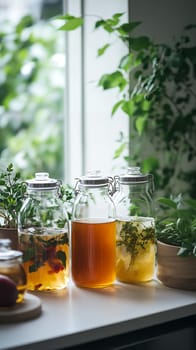 Glass jars with herbal and fruit infused drinks near window with fresh herbs and natural lighting, healthy beverage concept.