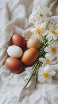 Fresh brown and white eggs with blooming white flowers on soft linen fabric, creating rustic spring composition with natural elements.