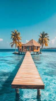 Luxury overwater bungalow with wooden pier, turquoise ocean water and palm trees under blue sky, tropical vacation paradise.