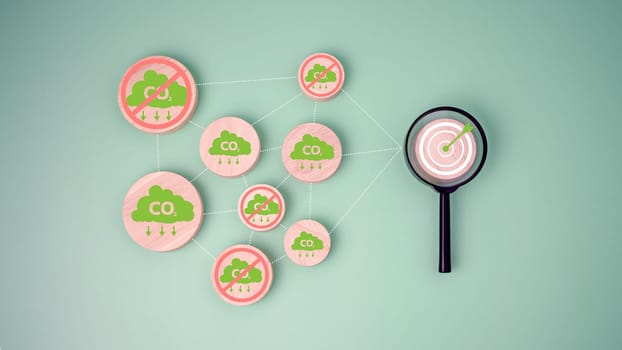 CO2 reducing icon on Circular wooden plate Connect with Target board icon inside magnifying glass for focusing decrease carbon dioxide emission target, Carbon footprint and carbon credit concept.