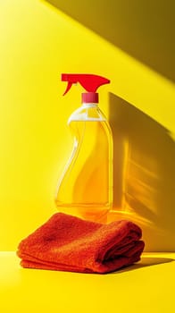 Cleaning spray bottle with yellow liquid and red microfiber cloth on yellow background with dramatic shadow and copy space.