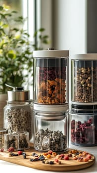 Glass storage containers with dried fruits and berries on wooden board, organized pantry with colorful organic snacks and ingredients near window.