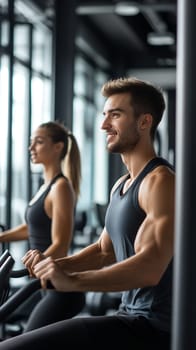 Athletic people working out on cardio machines in modern gym with large windows, healthy lifestyle concept.