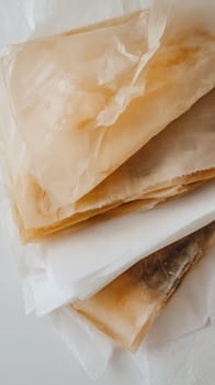 Fresh phyllo pastry sheets with delicate layers, close up view of traditional baking ingredient against white background.