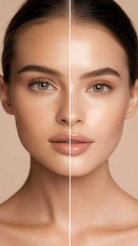 Side by side comparison of woman's face showing skincare treatment results, natural beauty and cosmetic effect with neutral background.