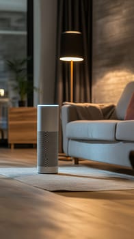 Smart home speaker in contemporary living room interior with modern furniture and warm lighting, copy space for text.