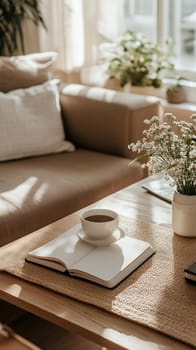 A cozy living room with a cup of coffee and open book, bathed in warm sunlight and inviting atmosphere.