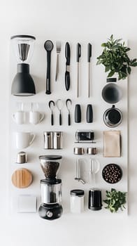 Organized collection of modern coffee making tools and accessories on white background including grinders, mugs, utensils and coffee beans.