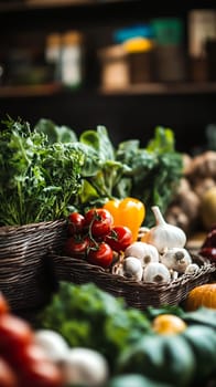 Fresh organic vegetables including tomatoes, garlic, yellow bell pepper and herbs in woven basket, dark moody food photography.
