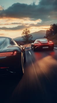 Two black luxury sports cars driving on mountain road at dramatic sunset with glowing taillights and motion blur effect.