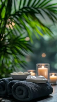 Serene spa composition with rolled towels, candles and tropical palm leaves creating relaxing atmosphere.