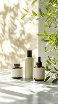 Minimalist beauty products on white surface with plant shadows. Organic cosmetic bottles with blank labels and copy space.