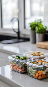 Prepared meals in plastic containers with fresh vegetables and broccoli in modern kitchen, healthy eating and diet concept with copy space.