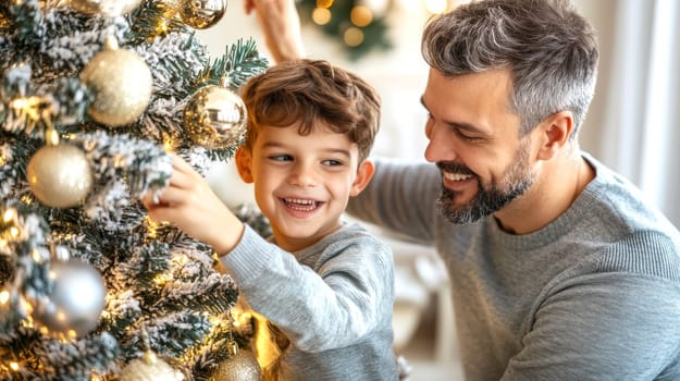 Dad and son decorating the Christmas tree . AI generative.