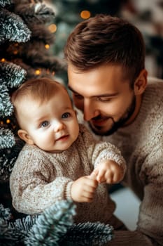Dad and son decorating the Christmas tree . AI generative.