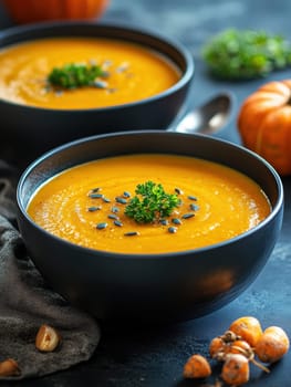 healthy pumpkin soup with ginger carrots and coconut milk . AI generative.