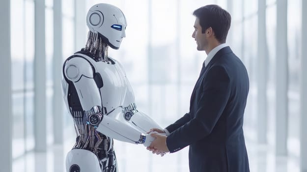 Cooperation between human and robot controlled by AI algorithms. AI generative.