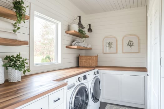 Bright and airy laundry room with wooden countertops, white shiplap walls, and potted plants, showcasing a perfect blend of functionality and style.