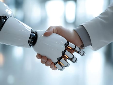 Cooperation between human and robot controlled by AI algorithms. AI generative.
