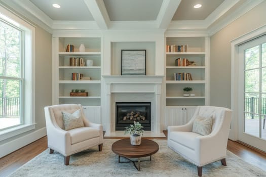 Modern living room featuring white built-in bookshelves, fireplace, and comfortable armchairs with large windows.
