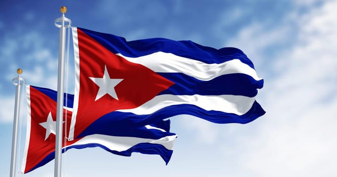 Close-up of Cuba national flags waving on a clear day. Five blue and white stripes, a red triangle at the hoist with a white star. Latin american country. 3d illustration render. Fluttering fabric.