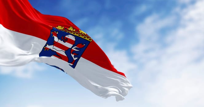Close-up of the Hesse State flag waving in the wind. Hesse is a state in Germany. 3d illustration render. Selective focus. Fluttering fabric